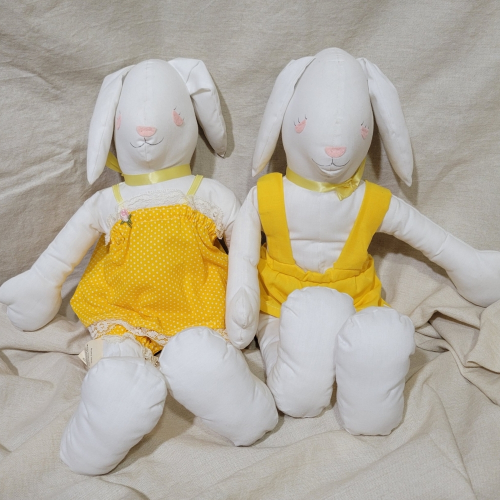 Overly-Raker Vintage FancyWorks Friends Hand Made Plush Bunnies Boy & Girl Set